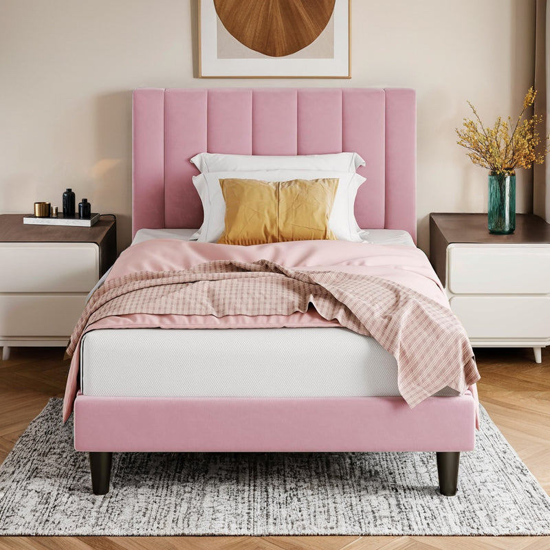 Twin Velvet Upholstered Platform Bed Frame with Vertical Channel Tufted Headboard, Strong Wood Slat Support, No Box Spring Needed
