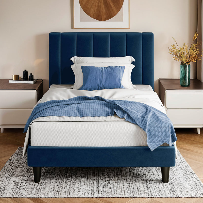 Twin Velvet Upholstered Platform Bed Frame with Vertical Channel Tufted Headboard, Strong Wood Slat Support, No Box Spring Needed