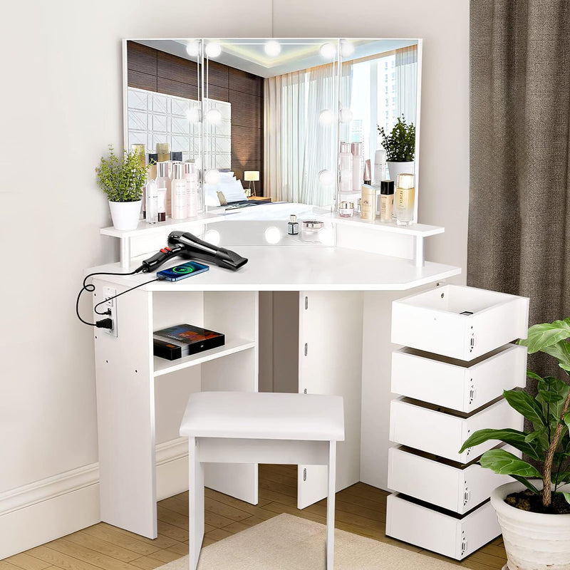 Corner Vanity Set Vanity Desk with Power Outlet, Storage, Lighting, Mirror, Stool