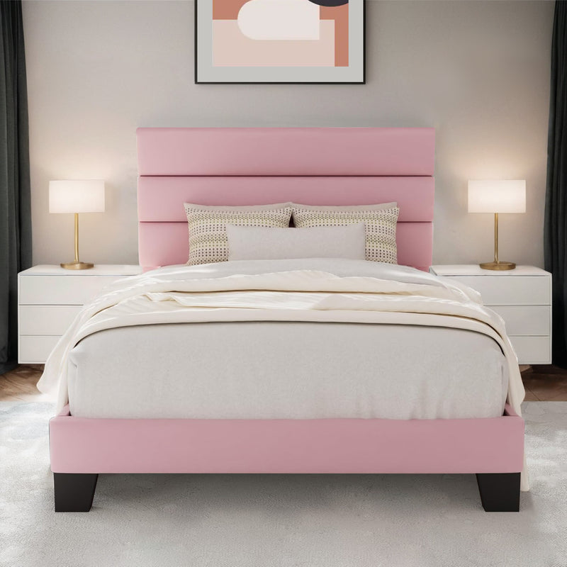 Twin Size Velvet Bed Frame Platform Bed Frame with Velvet Upholstered Headboard and Wooden Slats Support, Fully Upholstered Mattress Foundation