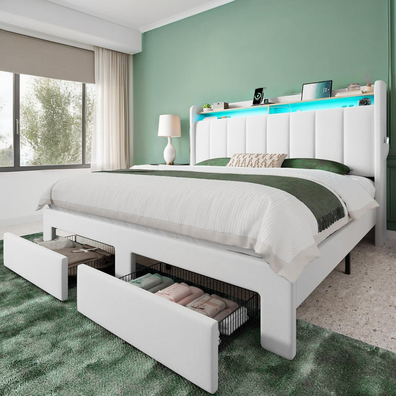 Velvet Upholstered Platform Bed Frame with LED Headboard, Storage Drawers & Charging Ports, No Box Spring Needed