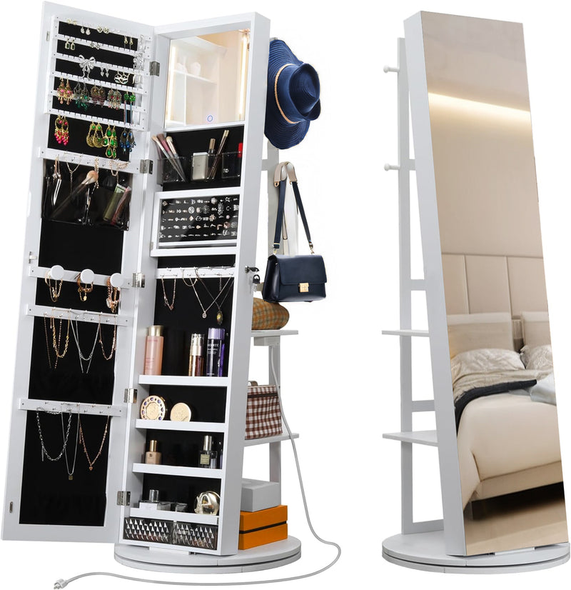 360° Swivel Mirrored Jewelry Cabinet with Full-Length Mirror, Power Outlet, Rear Storage Shelves, Interior Mirror, LED Lights