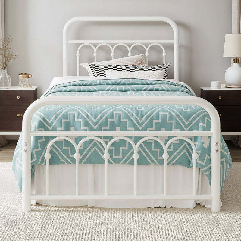 14” Twin Size Victorian Metal Platform Bed Frame with Curved Iron Headboard & Footboard, Under Bed Storage, No Box Spring Needed