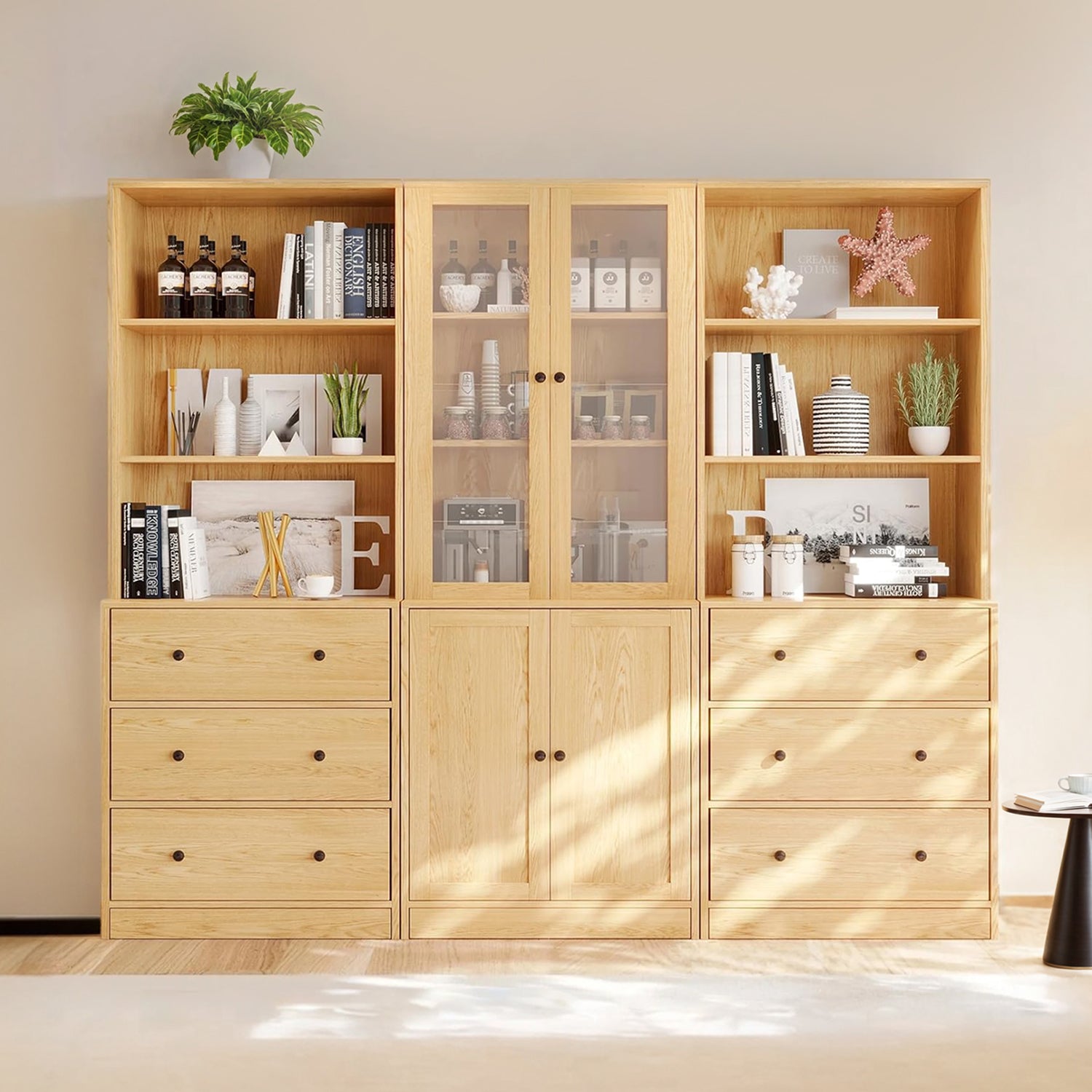Combination Bookcase 3-Piece Set, 2pcs 71-inch Bookcase with Drawers S ...