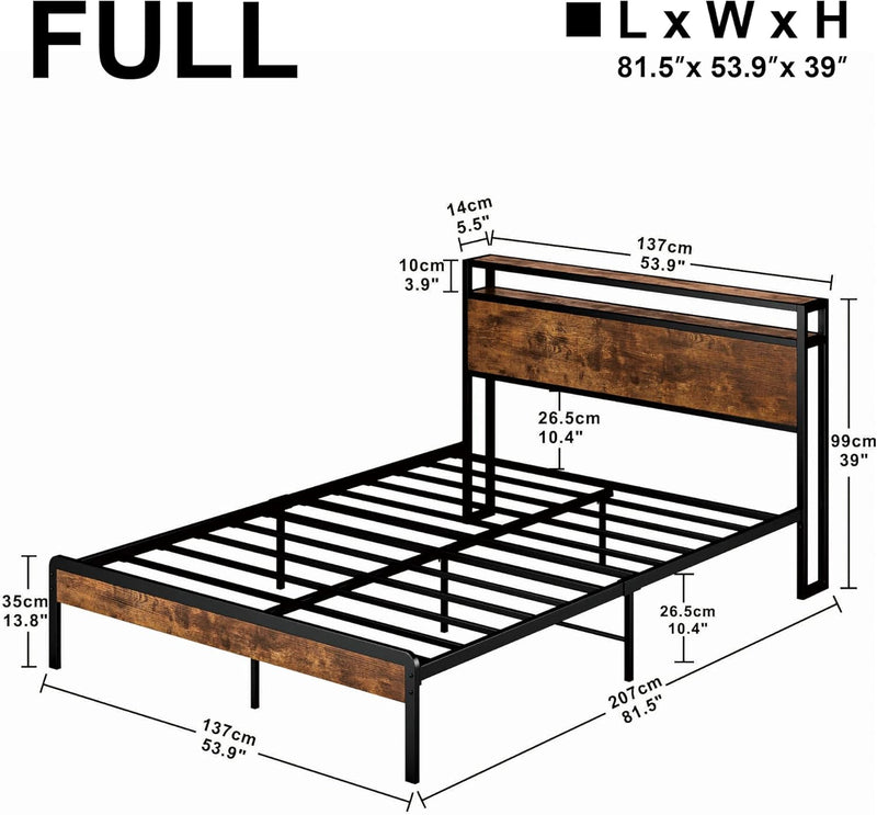 Bed Frame with 2 Tier Storage Headboard, Queen/King Size Bed Frame, Vintage Brown, No Box Spring Required