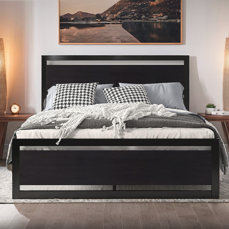 Bed Frame with Wooden Headboard & 13 Strong Metal Slats Supports Bed Frame Heavy Platform Metal