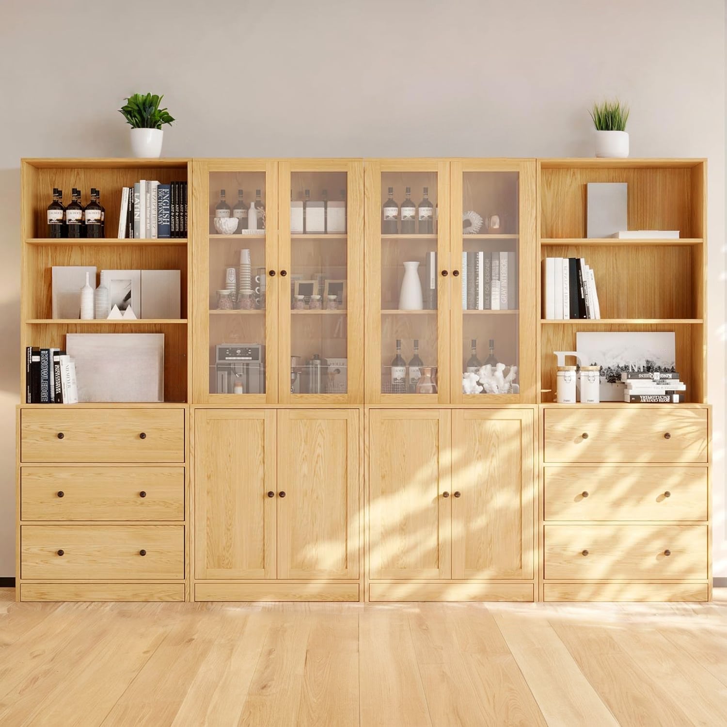 Combination Bookcase 4-Piece Set, 2pcs 71-inch Bookcase with Drawers S ...