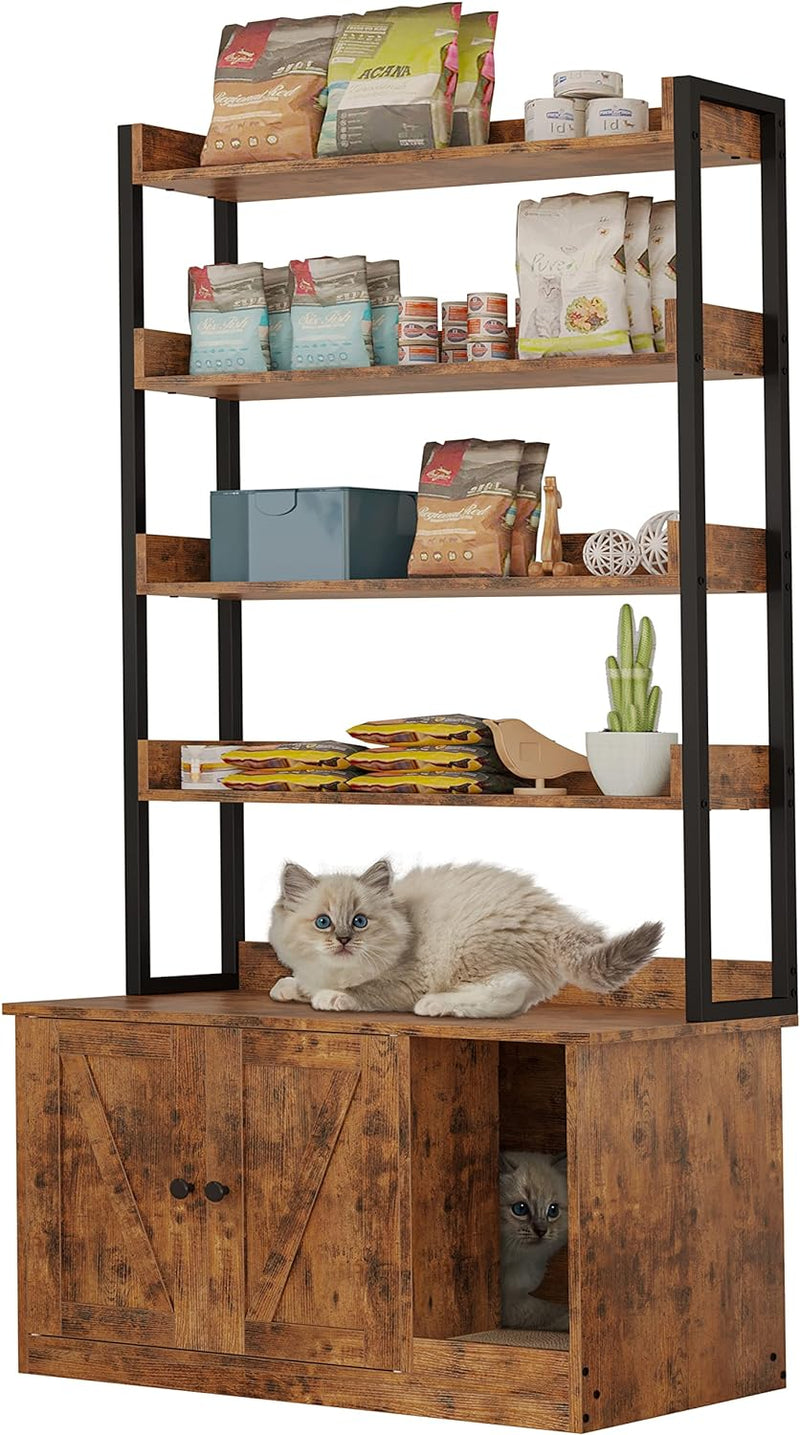 Hidden Cat Litter Box Enclosure with Storage, 4 Shelves and Doors, Fits Most of the Cat Litter Box