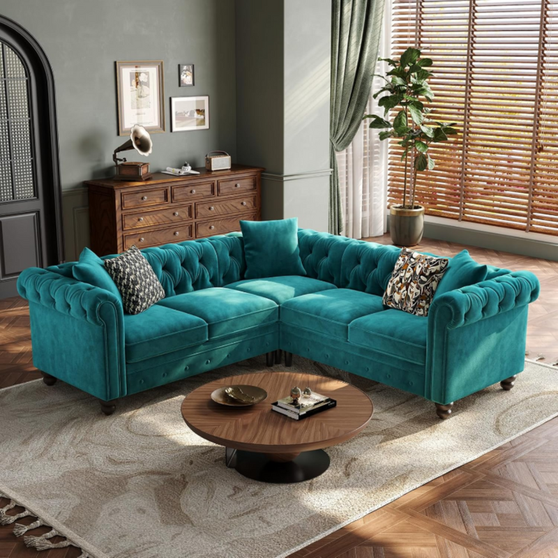 Chesterfield L-Shaped Sectional Sofa, Velvet 5 Seater Counch with 3 Throw Pillows, Tufted Corner Couch with Rolled Armrest