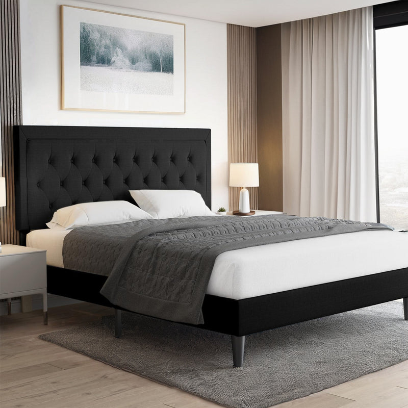 Upholstered Bed Frame with Adjustable Headboard, Wood Slat Support