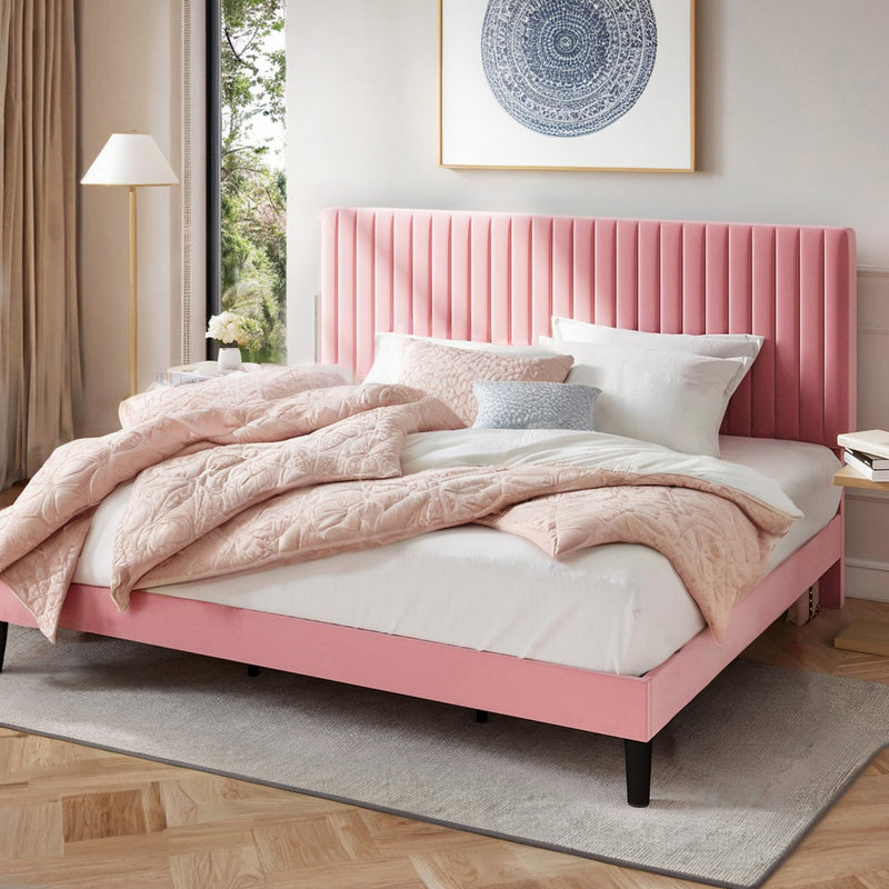 Velvet Upholstered Platform Bed Frame with Vertical Line Tufted Wingback Headboard, Strong Wooden Slats, and No Box Spring Needed