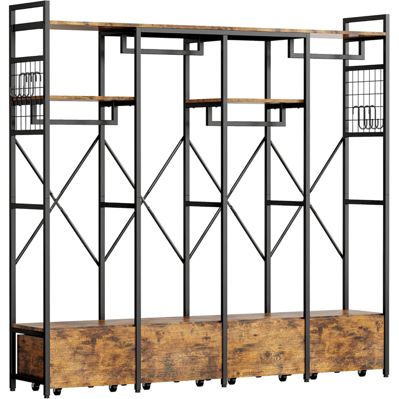 Freestanding Garment Rack with 4 Wooden Drawers, Hanging Rods and Storage Shelves, Heavy Duty Closet Wardrobe Rack, Industrial Vintage Brown