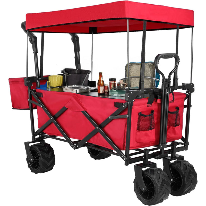 Folding Wagon All-Terrain Wheels Camping Cart with Canopy and Basket