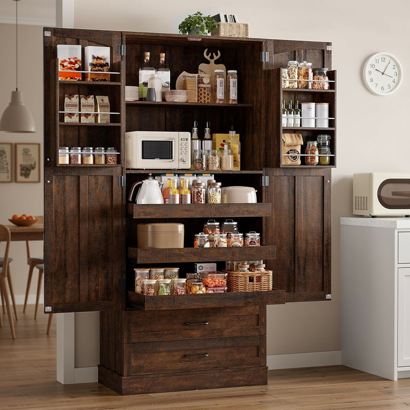 71 Inch Farmhouse Kitchen Pantry Storage Cabinet with 3 Pull-Out Shelves & 2 Large Drawers, adjustable Shelf