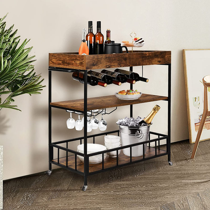 Ohwill Industrial Bar Cart with Wheels for the Home, Beverage Cart Bar Serving Liquor Cart with Glass Holders