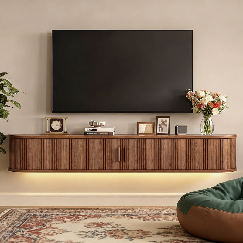 Floating TV Stand with Storage, 71" Wall Mounted Entertainment Center with LED Lights and Power Outlet for Living Room