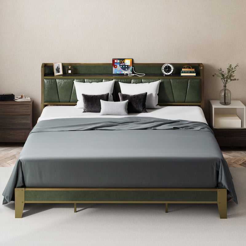 Upholstered Bed Frame California King Bed with Storage Headboard, Charging Station