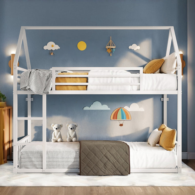 Bunk Bed House Bunk Bed Frame with Ladder and Guardrail, House Shaped Loft Bed with Metal Slats