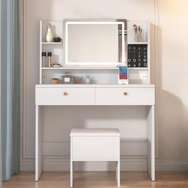 Vanity Desk Set with Large LED Mirror, Vanity Table with Storage Bench, Power Outlet, Drawers, Lovely Phone Holder