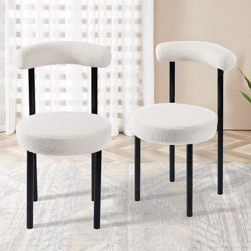 Boucle Accent Chairs Set of 2 Sherpa Chairs Upholstered Accent Chairs Round Metal Base Kitchen Dining Room Chairs, White