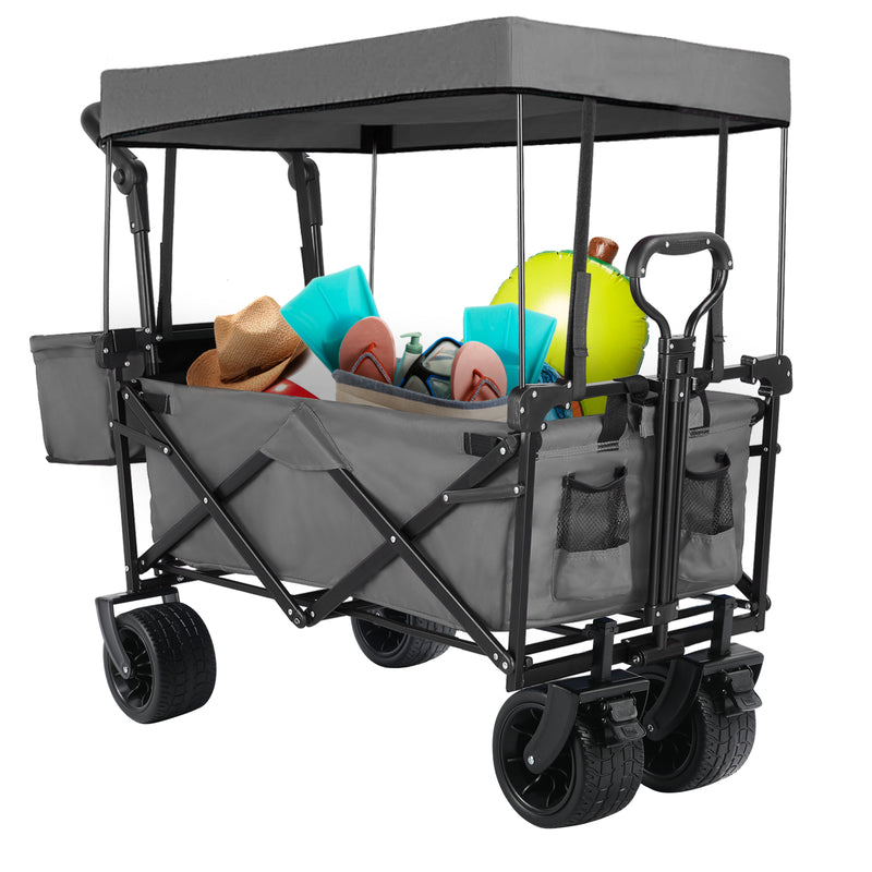 Folding Wagon All-Terrain Wheels Camping Cart with Canopy and Basket