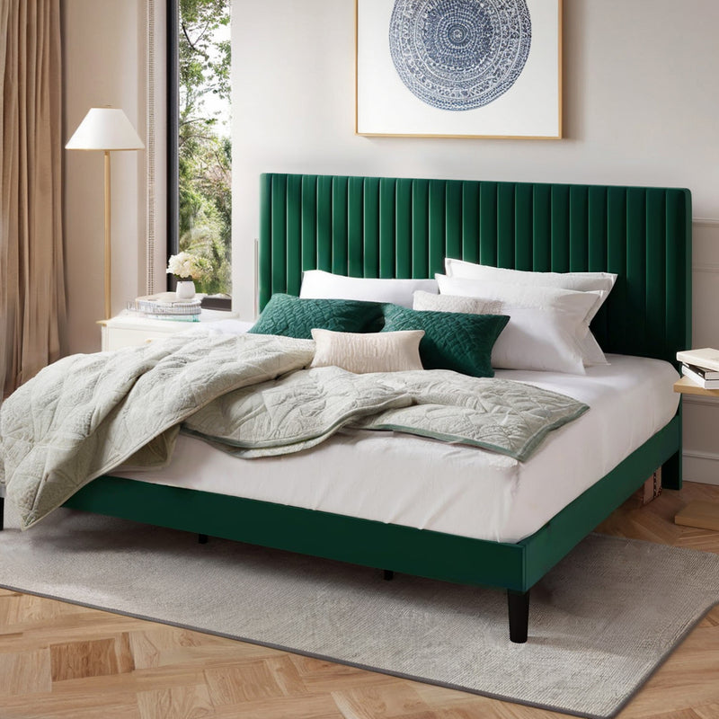 Velvet Upholstered Platform Bed Frame with Vertical Line Tufted Wingback Headboard, Strong Wooden Slats, and No Box Spring Needed