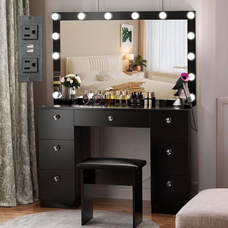 44 inch Makeup Vanity Desk with Lighted Mirror, Power Outlet, 7 Drawers, 3 Brightness