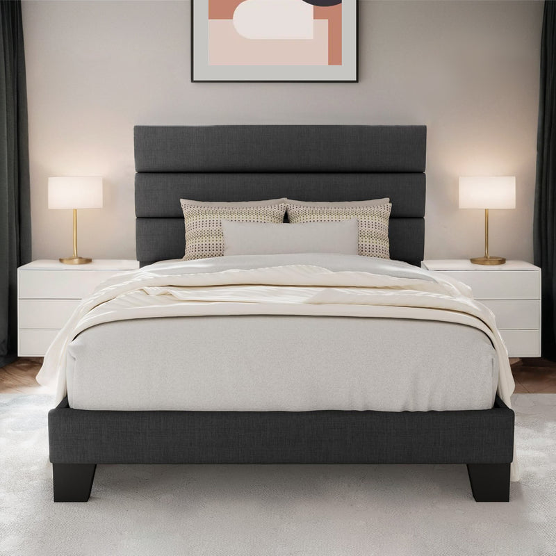 Platform Bed Frame with Fabric Upholstered Headboard and Wooden Slats Support, Fully Upholstered Mattress Foundation,Twin Size