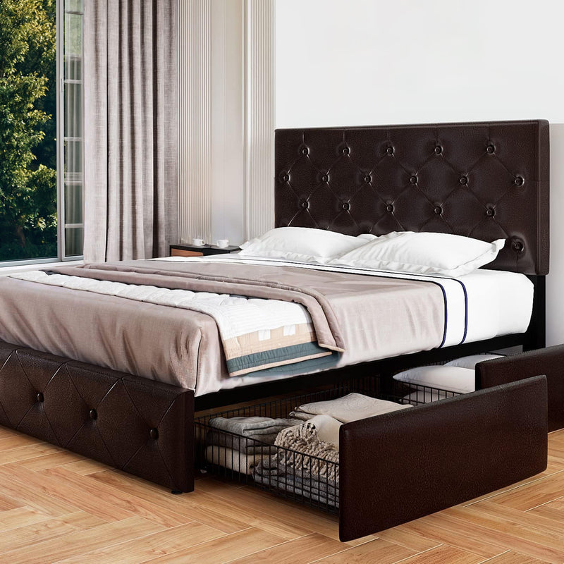 Faux Leather Upholstered Bed Frame with 4 Drawers Storage and Button Headboard