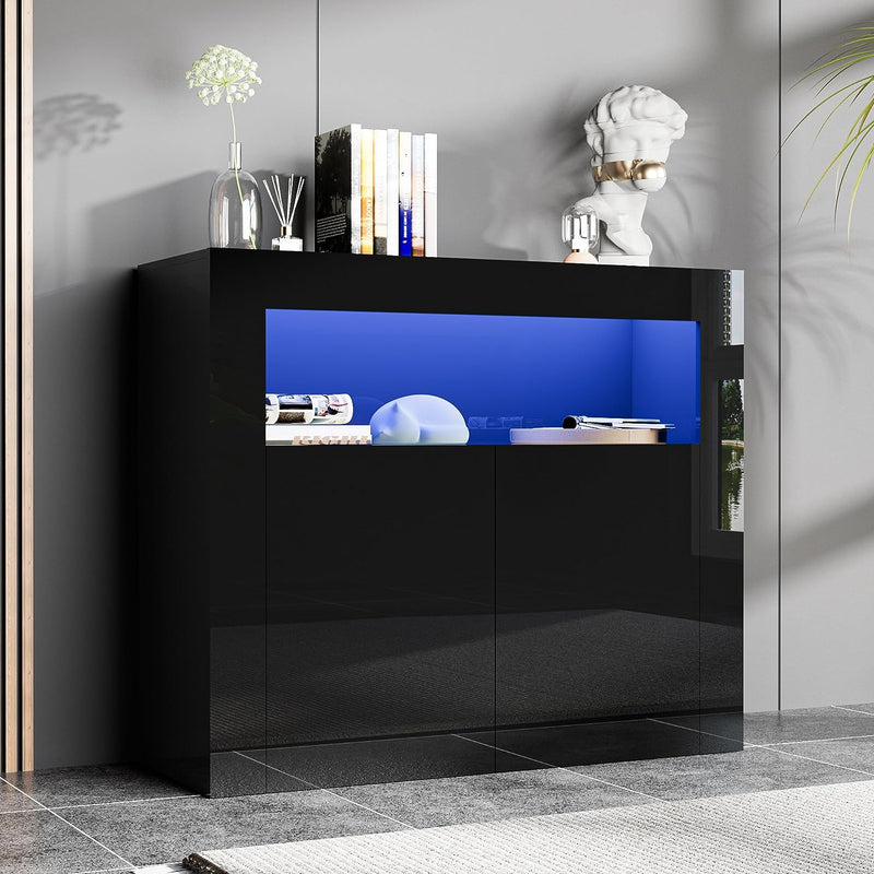 High Glossy Buffet Cabinet Sideboard Storage Cabinet Bar Cabinet with LED Lights Adjustable Shelf and 3 Doors