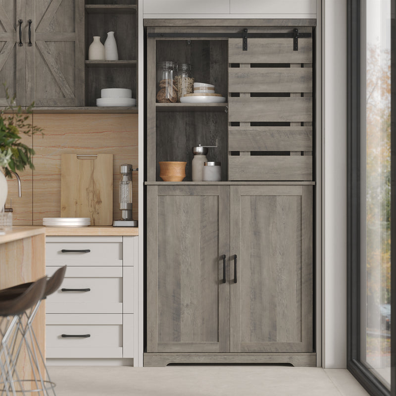 Tall Kitchen Pantry Cabinet Storage Cabinet With Sliding Door And Adjustable Shelves