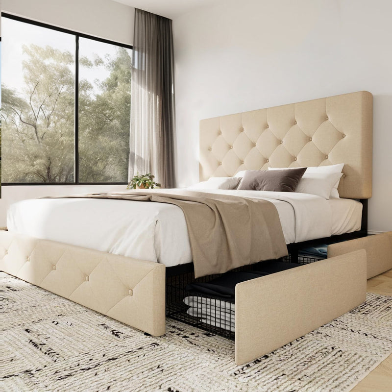 Upholstered Bed Frame with 4 Drawers Storage and Headboard with Wood Slat Support, No Box Spring Needed