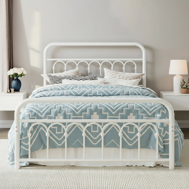 14” Victorian Metal Platform Bed Frame with Curved Iron Headboard & Footboard, Under Bed Storage, No Box Spring Needed