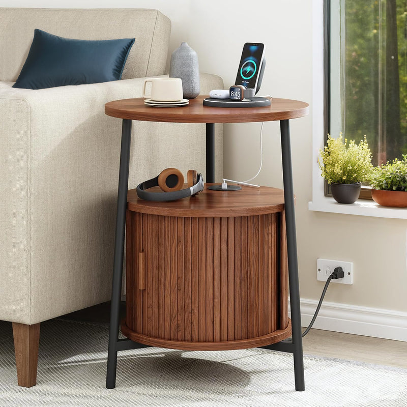 Side Table, Round End Table with Storage, 2-Tier Nightstand with Charging Station and Steel Frame