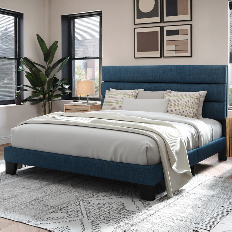 Platform Bed Frame with Fabric Upholstered Headboard and Wooden Slat Support, No Springs Required