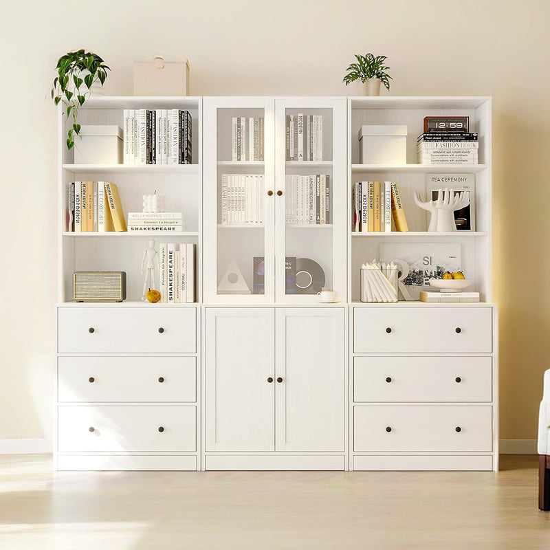 Combination Bookcase 3-Piece Set, 2pcs 71-inch Bookcase with Drawers Shelves, 5-layer Storage Cabinet with Glass Doors Combination Bookcase 3-Piece Set, 2pcs 71-inch Bookcase with Drawers Shelves, 5-layer Storage Cabinet with Glass Doors