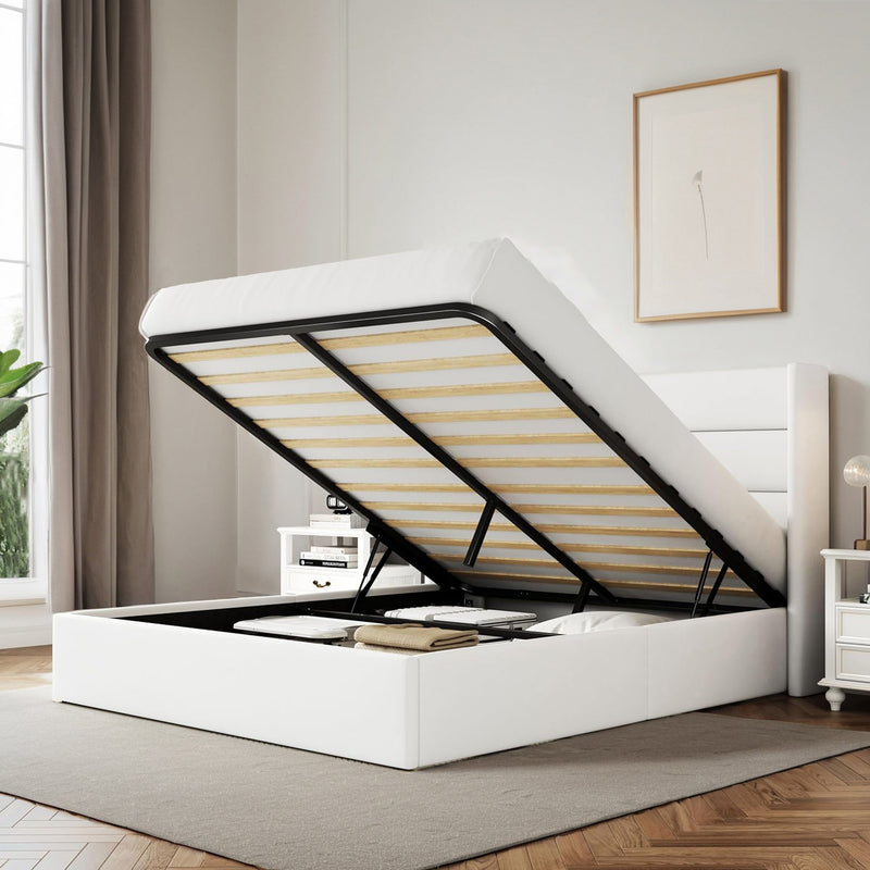 Lift Up Storage Bed Frame Hydraulic Storage with Modern Wingback Headboard, No Box Spring Required
