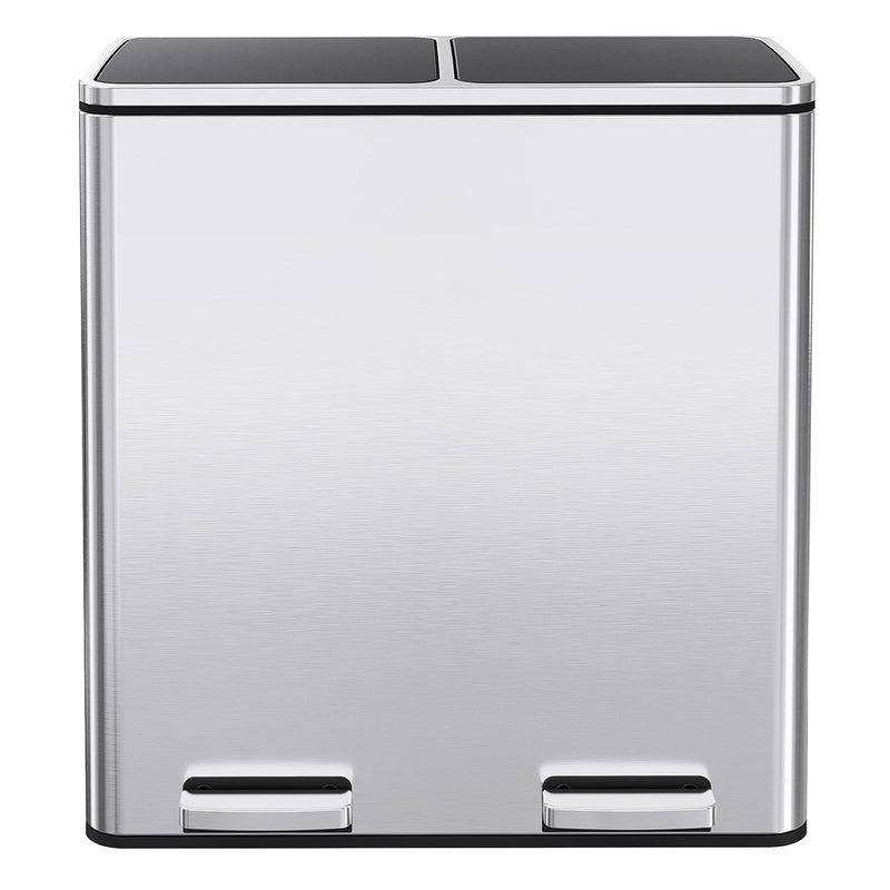 Dual Trash Can 16 Gal (60L) Stainless Steel Large Kitchen Rubbish Bin  with Removable Inner Buckets