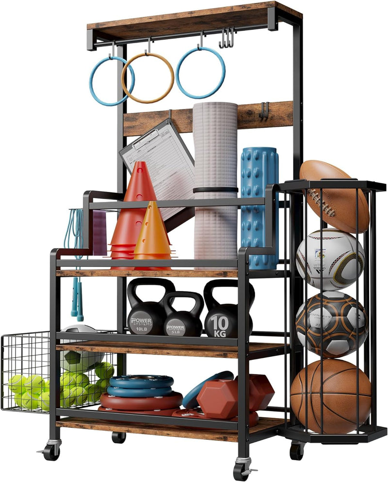 Home Gym Storage Rack with Ball Cage, Hooks and Wheels