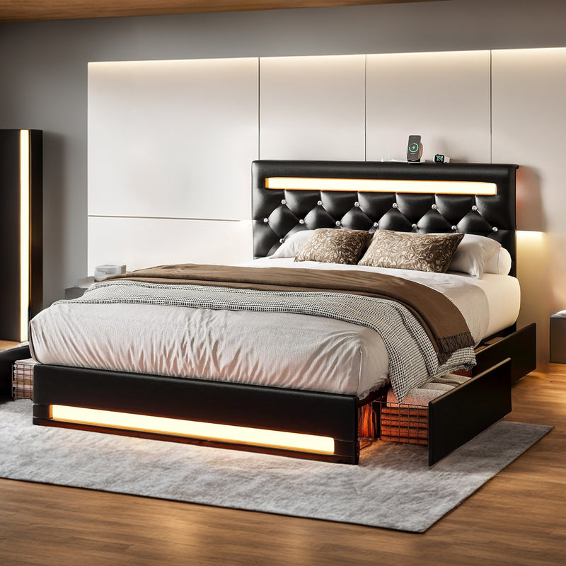 PU Leather Platform Bed Frame with LED Light, 4 Drawers, Adjustable Button Headboard
