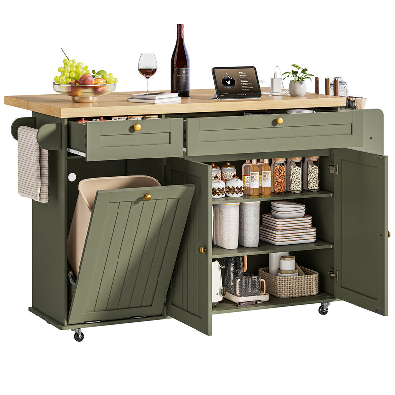 Kitchen Island Cart with Trash Can Storage, Kitchen Storage Cabinet on Wheels