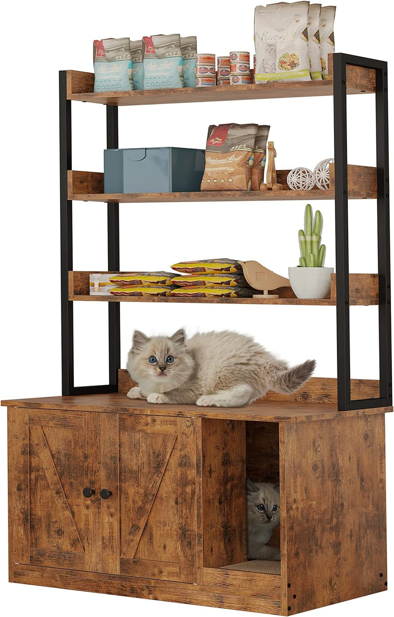 Hidden Cat Litter Box Enclosure with Storage, 3 Shelves and Doors, Fits Most of the Cat Litter Box
