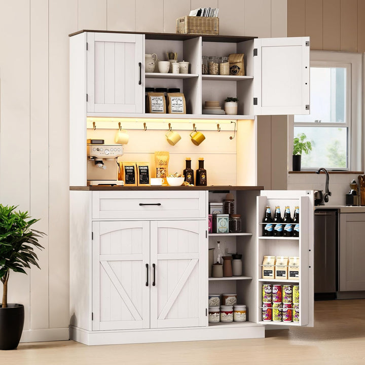 71 Inch Kitchen Pantry Cabinet with LED Light Outlet, Microwave