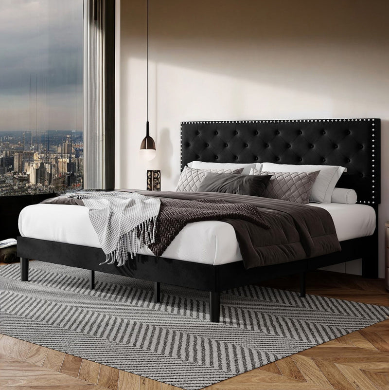 Velvet Upholstered Bed Frame with Adjustable Button Tufted Headboard, Slats Support, No Box Spring Needed