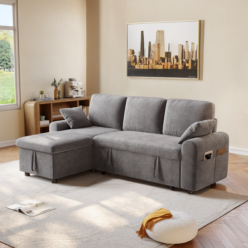L Shaped Sleeper Sofa with Storage Chaise, Pull Out Couch Bed with 2 Pillows, Sectional Sleeper Couch for Living Room