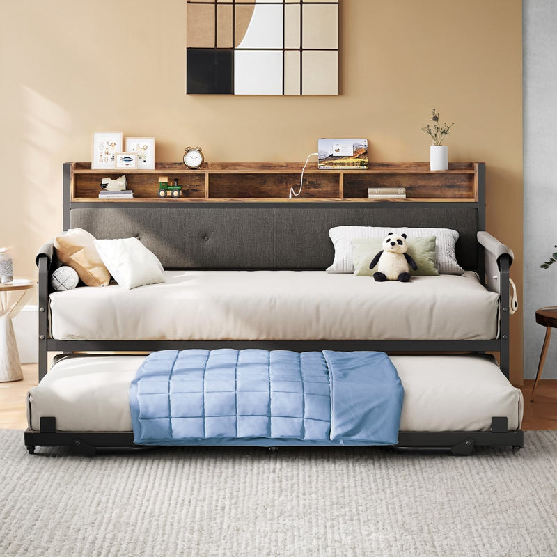Daybed Sofa Day Bed with Trundle, Twin Bed Frame with Upholstered Headboard, Strong Supports and Charging Station