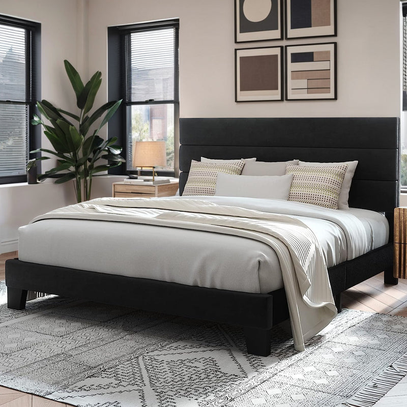 Platform Bed Frame with Fabric Upholstered Headboard and Wooden Slat Support, No Springs Required