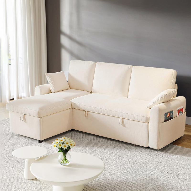 L Shaped Sleeper Sofa with Storage Chaise, Pull Out Couch Bed with 2 Pillows, Sectional Sleeper Couch for Living Room