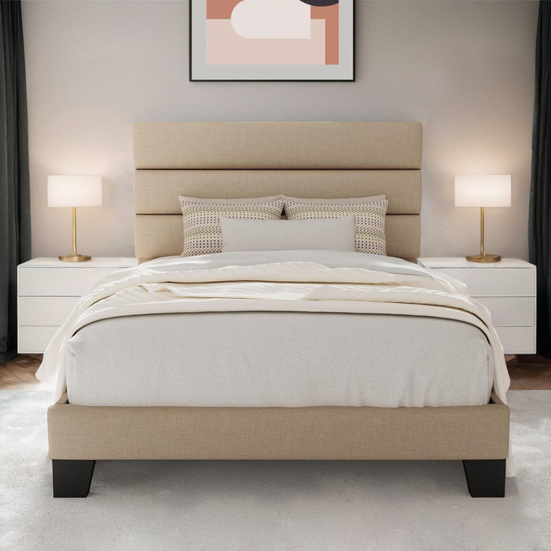 Platform Bed Frame with Fabric Upholstered Headboard and Wooden Slats Support, Fully Upholstered Mattress Foundation,Twin Size