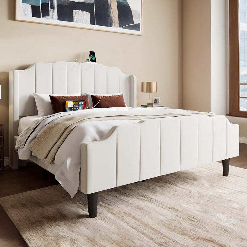 Velvet Bed Frame with Curved Vertical Tufted Wingback Headboard and Footboard, Charging Station Under Bed Storage